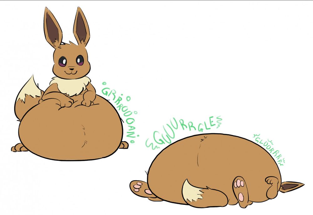 An eevee with its belly stuffed with twice its weight in food! Poses: sitting up and rolled over. Their belly gurgles loudly in both images~
