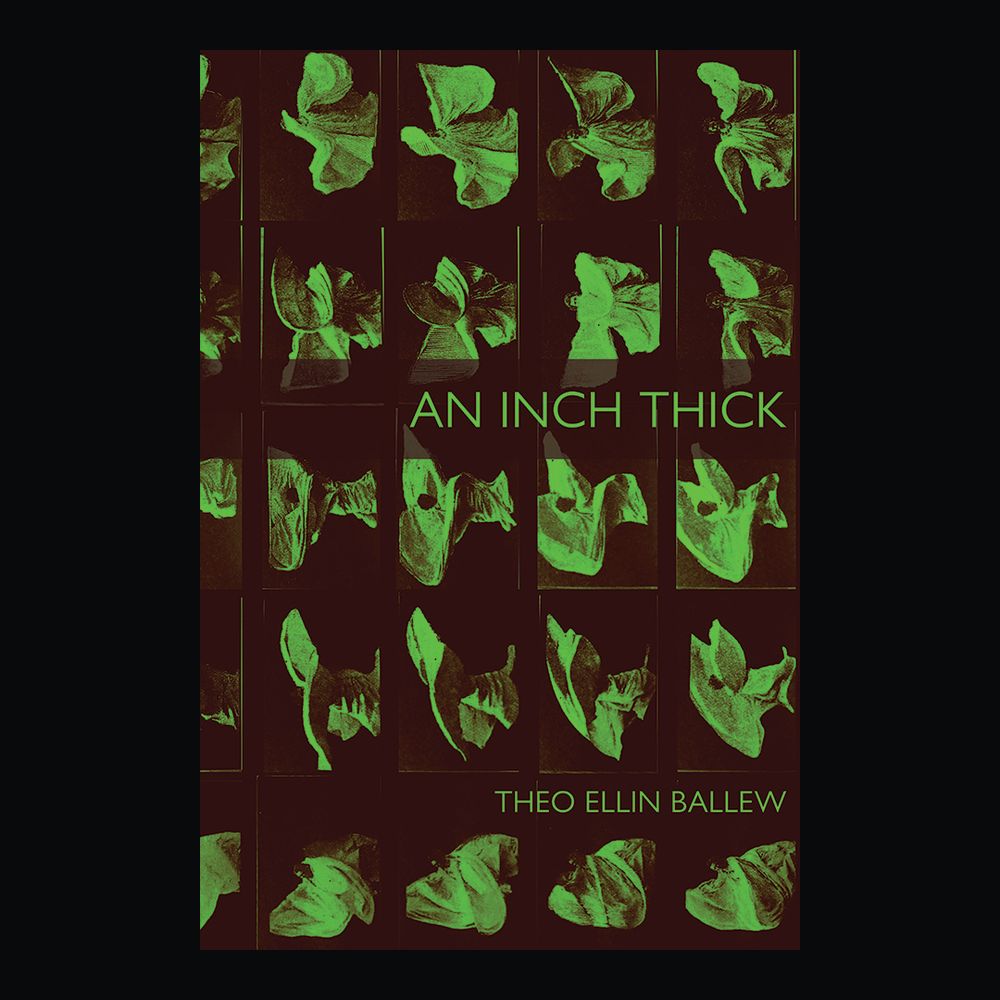 Front cover of AN INCH THICK by Theo Ellin Ballew has a grid of green dancing flying figures against a reddish brown field.
