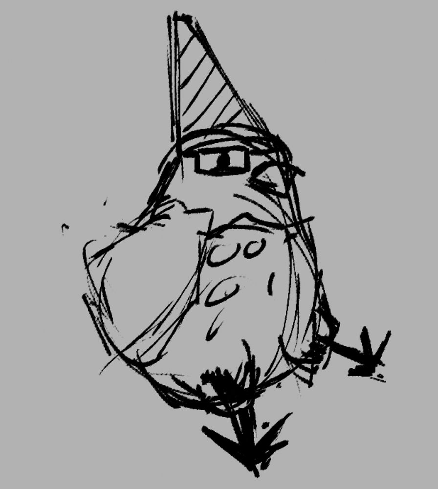 A sketch of a bird sitting down like a human, wearing a party hat.