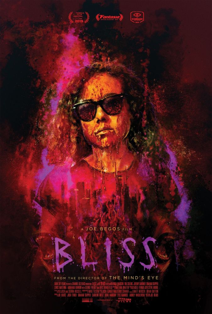 Poster for the movie Bliss with Dora Madison in sunglasses covered in blood. 