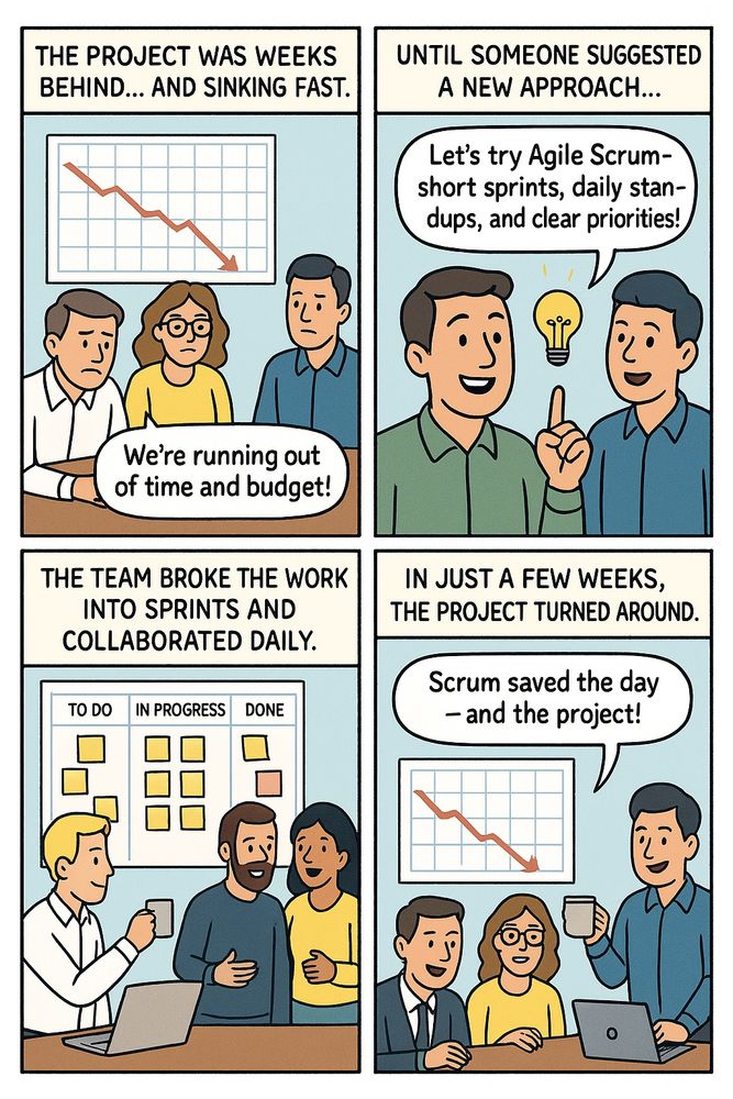 Four-panel comic showing a team saving a failing project using Agile Scrum. Panel 1: stressed team in a meeting room with a chart showing progress dropping. Panel 2: a team member suggests Agile Scrum with a lightbulb above their head. Panel 3: montage of the team working in short sprints using a Scrum board and standups. Panel 4: chart now rising as the team celebrates success.
