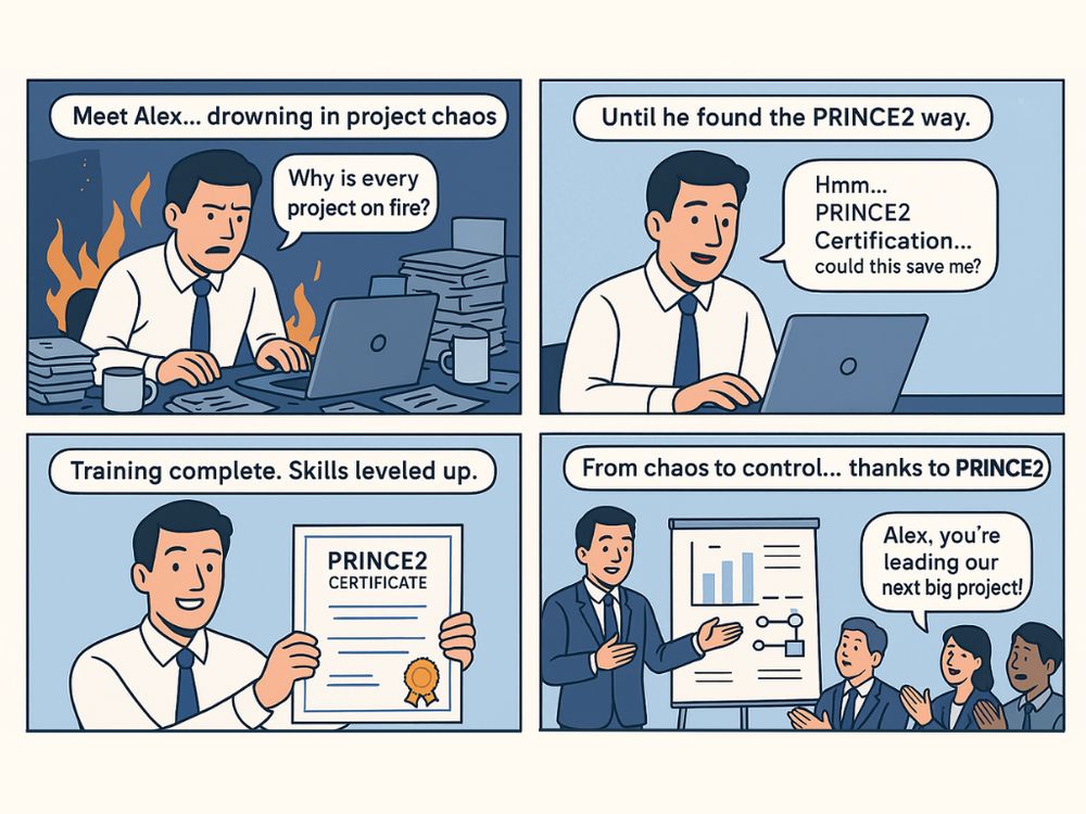 Four-panel comic strip titled "The PRINCE2 Effect" showing Alex’s journey from stressed at a messy desk with projects on fire, to discovering PRINCE2 certification online, graduating with a certificate, and finally confidently presenting a project plan in a boardroom while colleagues applaud.