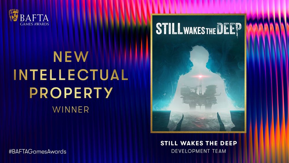 Designed graphic with oil slick rainbow effect and fluting background. There is an image of the cover art for Still Wakes The Deep and the BAFTA Games Awards logo sits in the top left hand corner. The text reads ‘New Intellectual Property Winner: Still Wakes The Deep Development Team’