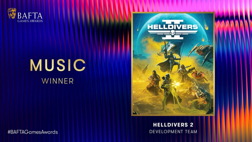 Designed graphic with oil slick rainbow effect and fluting background. There is an image of the cover art for Helldivers 2 and the BAFTA Games Awards logo sits in the top left hand corner. The text reads ‘Music Winner: Helldivers 2'