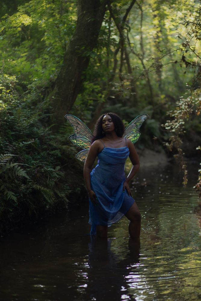 Woman in a blue dress with shimmering faerie wings standing in a creek surrounded by ferns and trees