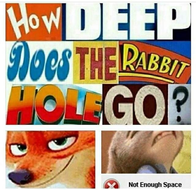 Mish mash of comic text saying "HOW DEEP DOES THE RABBIT HOLE GO?"