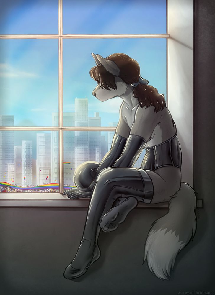 A grey wolf with brown hair sits in a window, a bright and sunny day outside with a pride parade going by. The character's inside world is greyed out and their face obscured by their hair, but there is a solemn set to their shoulders.
