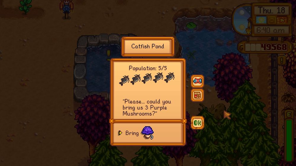 Stardew Valley screenshot shows catfish in a pond request purple mushrooms