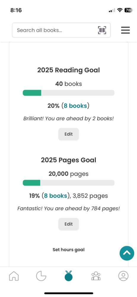 Screenshot of StoryGraph goals showing that I am ahead on both my book and page goal!