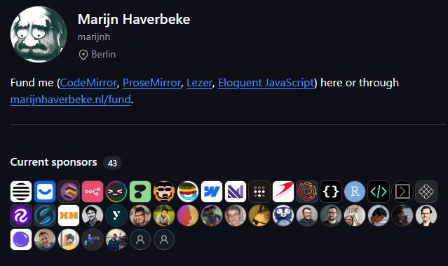 A screenshot of Marijn Haverbeke's Github sponsoring page which includes a list of his sponsors. It also includes Tiptap.