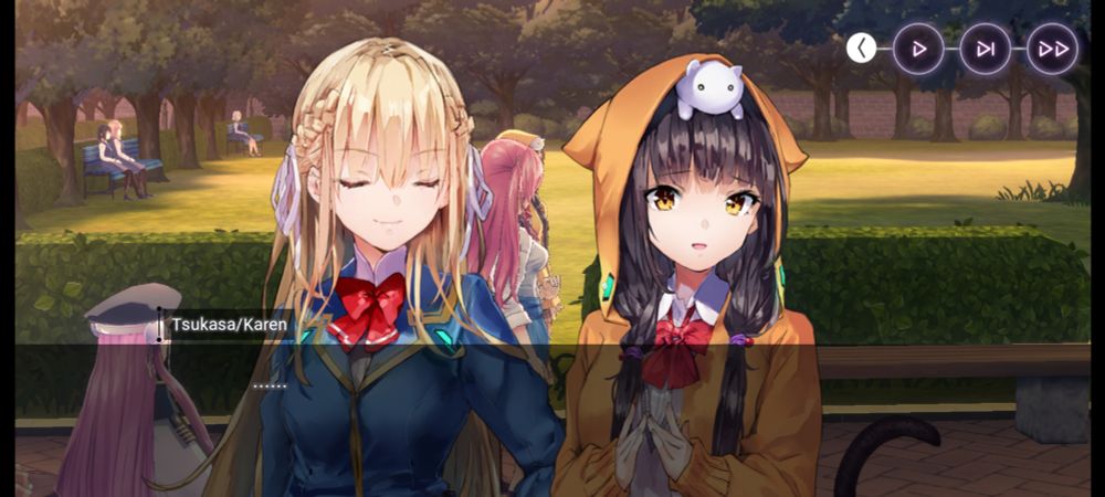 Screenshot from mobile game, Heaven Burns Red. Characters on walkway with a yard on background. There's a dialogue box 
:
Tsukasa/Karen, speechless, expression implying this happened often. 