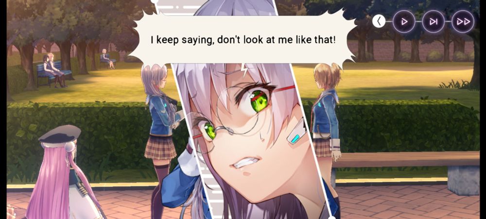 Screenshot from mobile game, Heaven Burns Red. Characters on walkway with a yard on background. There's a dialogue box. Yuki expression is annoyed. 

Yuki: I keep saying, don't look at me like that!