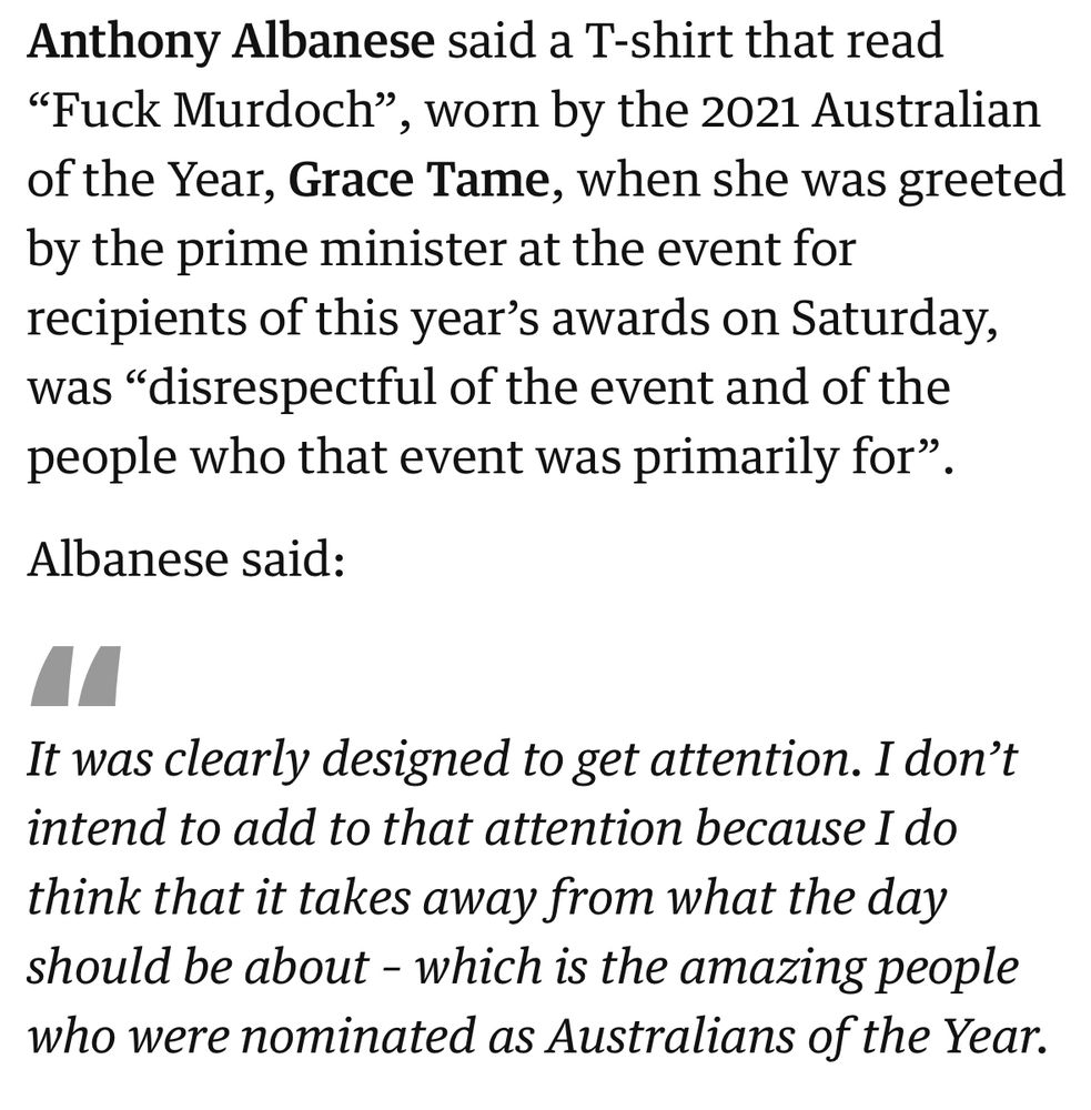 Extract from the Guardian website reporting that PM Albanese claims Grace Tame’s Fuck Murdoch T-shirt was disrespectful. 