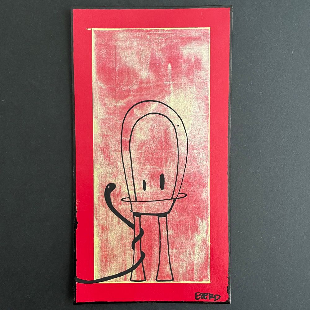 Tall red envelope with black edges. A distressed gold rectangle floats in the center. Within the rectangle is a drawing in black of a snake winding up the leg of Ezerd's iconic robot. The snake's head is at the height of the robots eyes and is looking at it. 