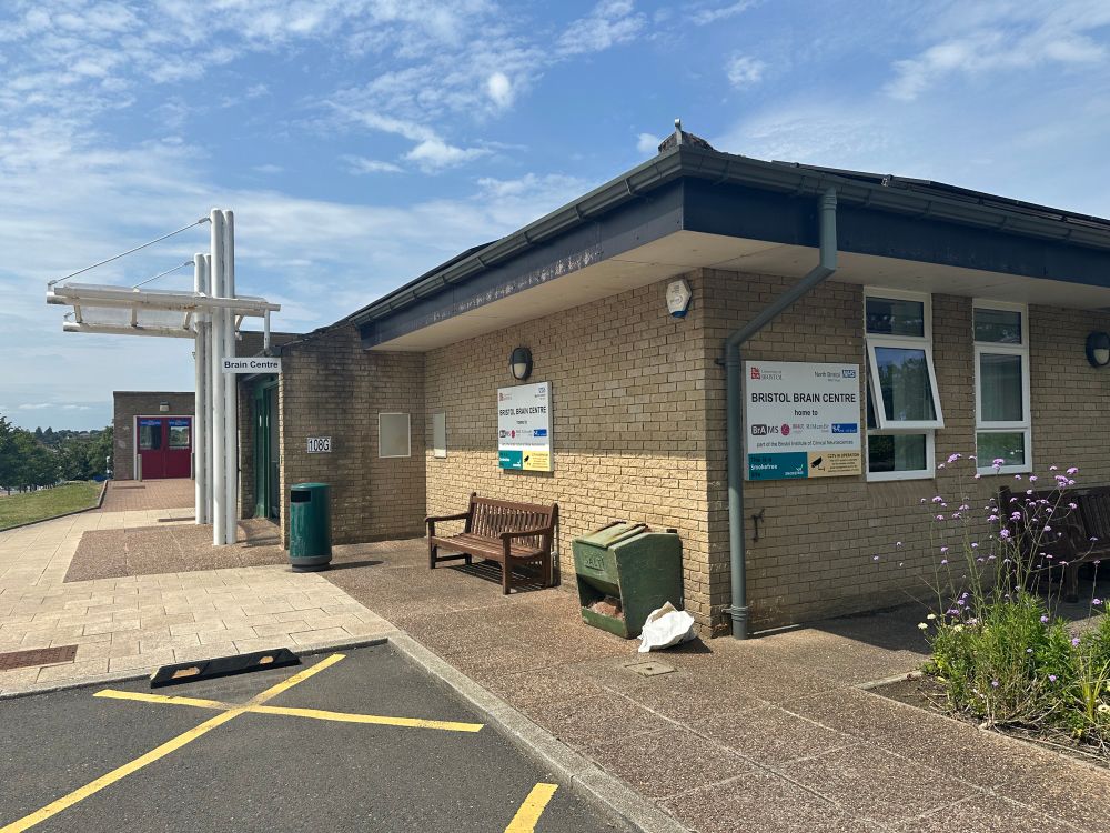 Single storey hospital building signed Bristol Brain Centre 