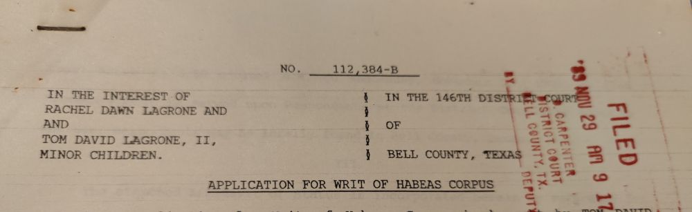 An Application for Writ of Habeas Corpus filed in the 146th District Court of Bell County, Texas. Stamped FILED November 29, 1989 at 9:17 am.