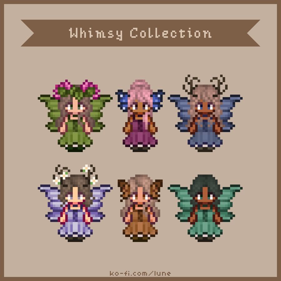 a preview of lune's stardew valley mod, the whimsy collection. it's a set of dresses in 6 colors (green, maroon, blue, light purple, brown and teal) with matching wings and different head pieces like antlers, butterfly wings and flower crowns.