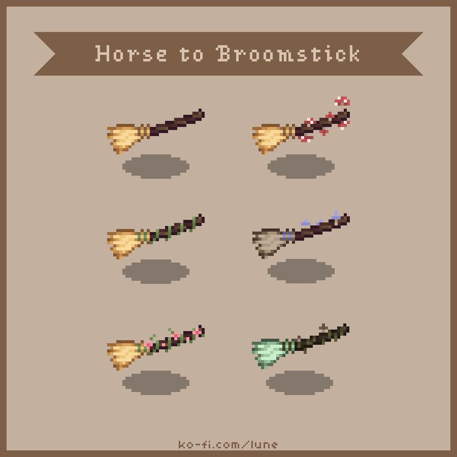 a preview of lune's stardew valley mod, horse to broomstick. there's a plain broom (brown wooden handle and straw head), mushroom (same broom but with red and white mushrooms), vine (same broom but with a green vine wrapped around it), floral (same broom with vines and little pink flowers), a poisonous version (brown broom handle but with a more pale head and purple mushrooms) and a bog version (brown wood handle with moss, a glowing green head and some brown mushrooms)