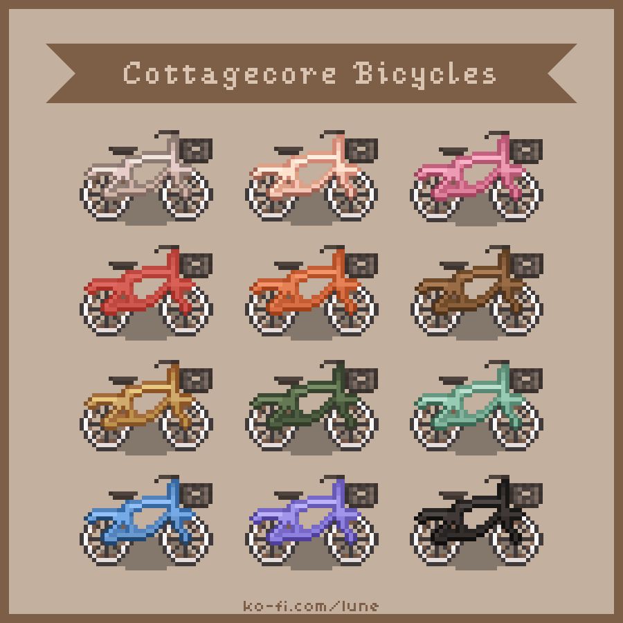 a preview of lune's stardew valley mod, cottagecore bicycles. it's 12 different colored bicycles with baskets: cream, peach, pink, red, orange, brown, yellow, green, mint, blue, purple and black. 