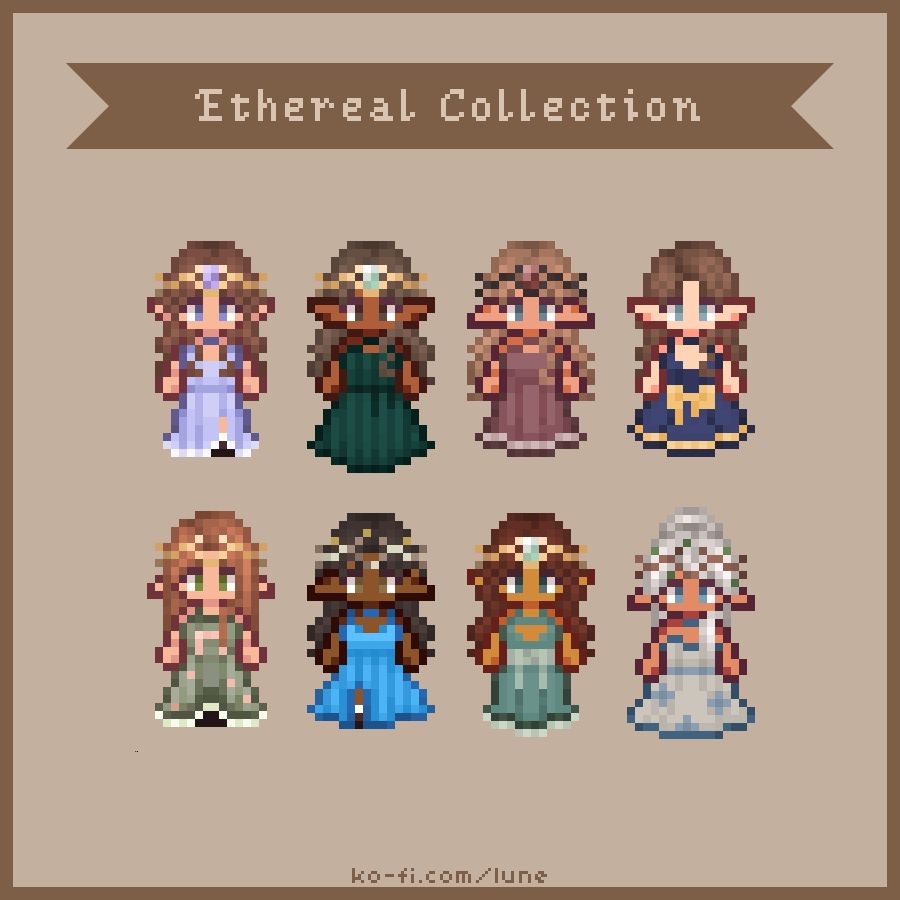 an image previewing lune's mod, the etheral collection. it's 8 unique dresses inspired by elvish/fantasy lore. it also includes different circlet variations