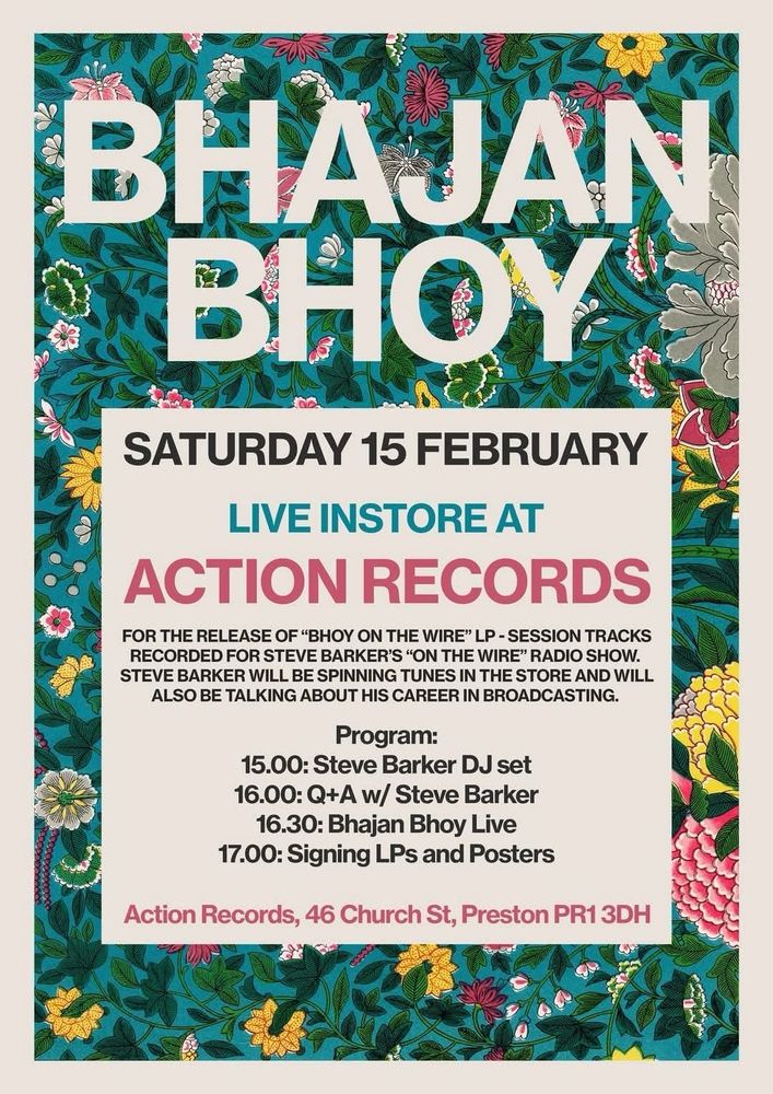 Poster advertising live in store at Action Records Preston: Steve Barker and Bhajan Bhoy