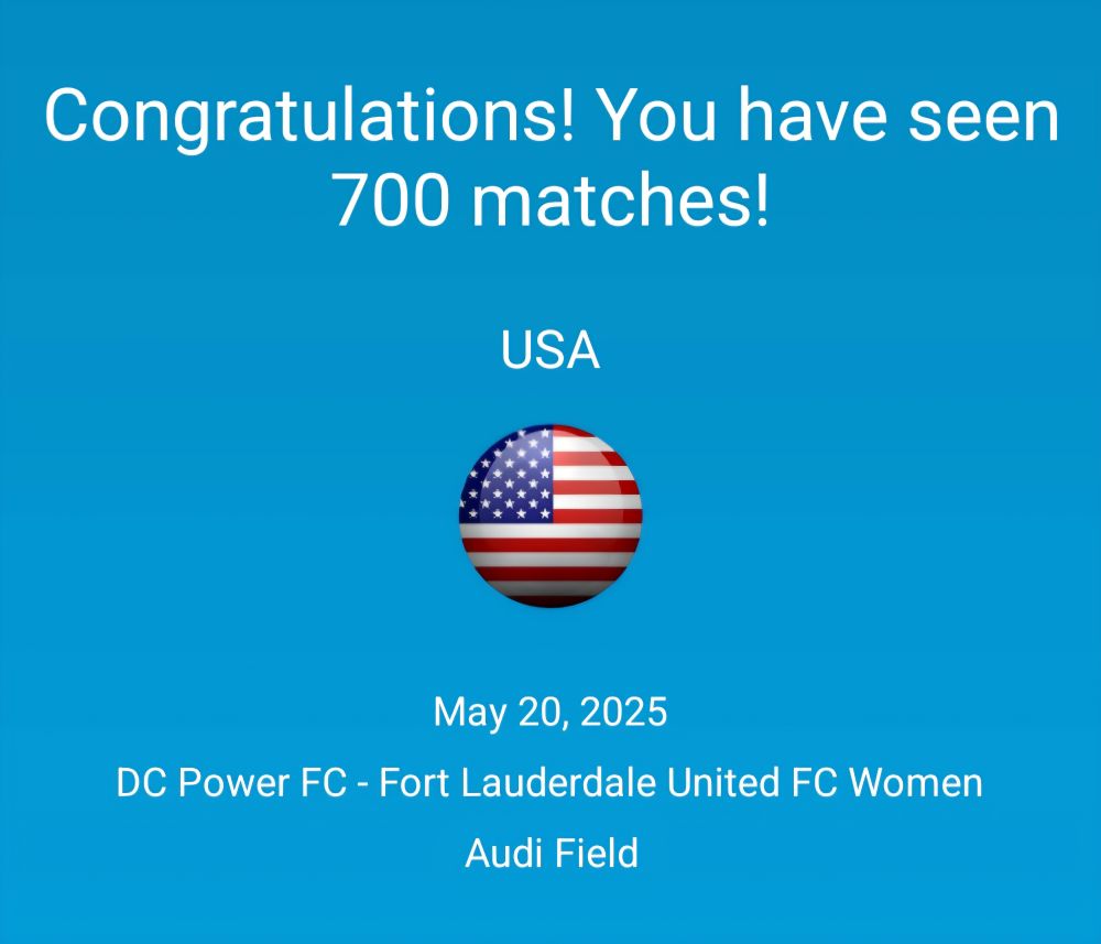 Futbology app notice of my 700th soccer game attended.