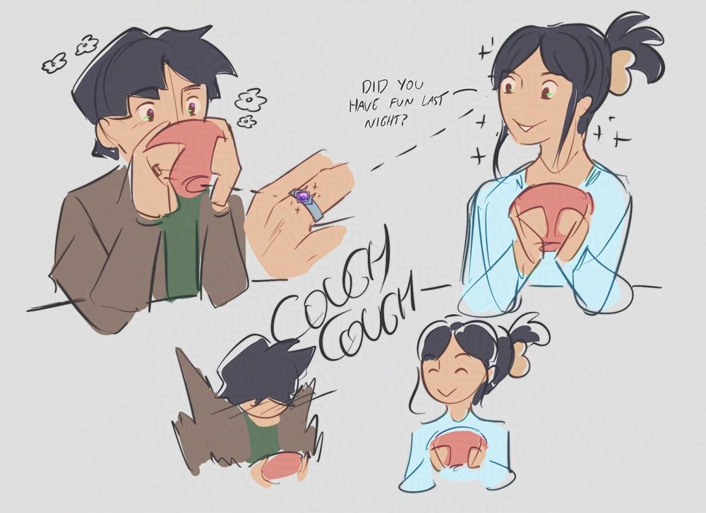 A collection of colored sketches of the Sakurai siblings, Keiwa and Sara, while they have a meal together. Keiwa drinks his soup with some satisfied expression, and Sara spots a ring with a purple gem in his hand. "Did you have fun last night?" she teasingly asks her brother, leading to Keiwa choking on his food, coughing loudly as Sara has also a satisfied smile.