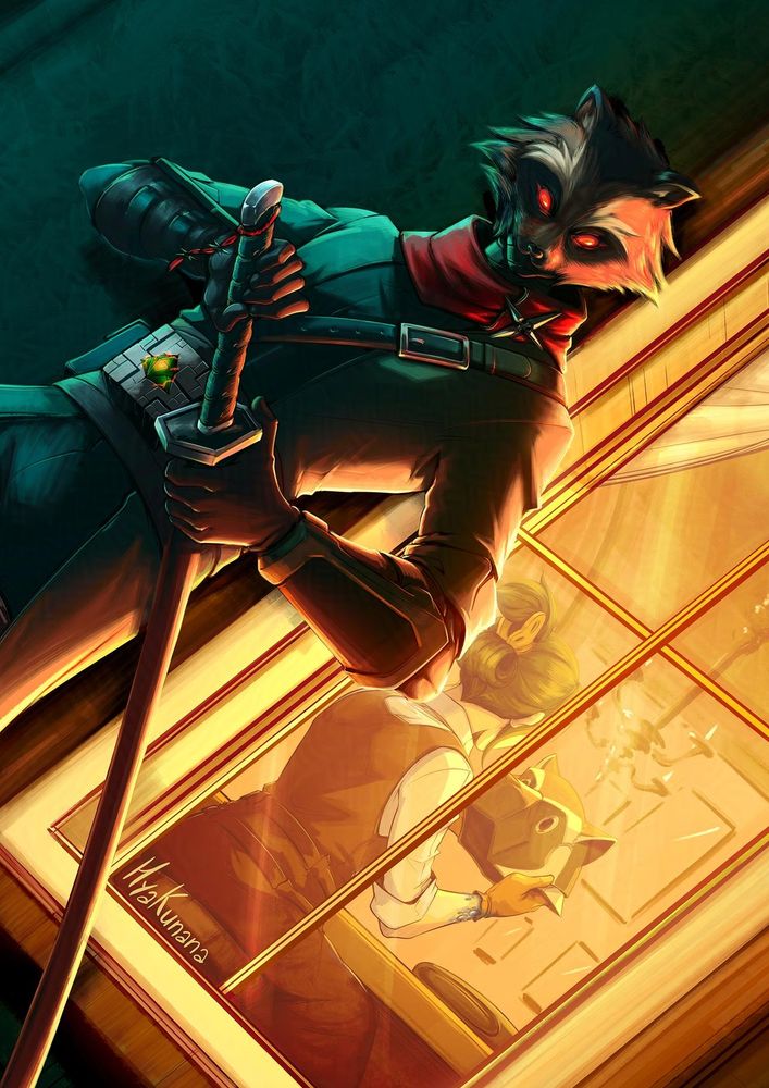 A fan art of Keiwa Sakurai, the Kamen Rider Tycoon, from the Kamen Rider Geats series, but settled in an Alternate Universe based in Lies of P's worldbuilding. In this setting, Tycoon is the Raccoon Dog Stalker: heavily based in Alidoro/The Tracker from Lies of P Overture DLC, he wears a red scarf with a shuriken pin, navy robes and black shirt, pants, belts and gloves, and for his stalker mask, a tanuki head with red eyes, and bands wrapped around his jaw conceals his identity. The Raccoon Dog holds his sheated katana hanging on his waist, his hand resting on its hilt, as the man stands next to the outer side of a window illuminated by a warm light. Inside the building is his sister, Sara Sakurai, with her back turned to the window as she finishes creating a Stalker mask of her own, inspired by the mysterious tanuki stalker that protects her. In her right arm, however, it is possible to see her Petrification Disease spots under her glove.

Feeds: art tab, fanart, comics, kamen rider geats, lies of p, lop, alternate universe, crossover, tokusatsu, games