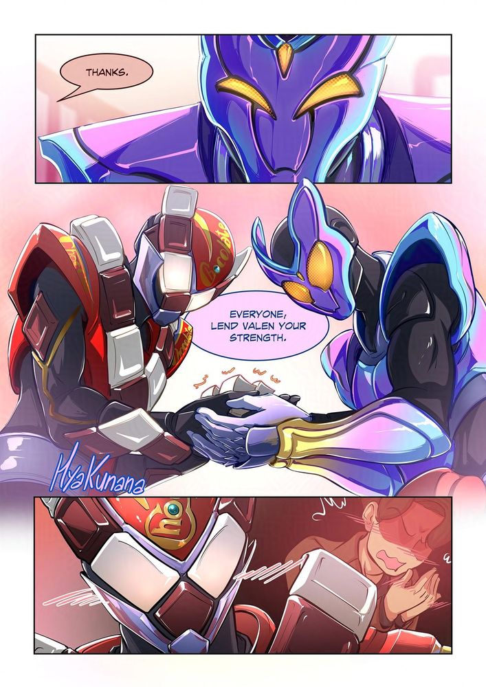 (P5) "Thanks." Valen adds, and Gavv smiles with his Kamen Rider eyes. (P6) "Everyone, lend Valen your strength." Gavv speaks to the gochizos, both Riders still have their hands together as they look to the cradled chocolate familiars reacting in agreement. (P7) Valen doesn't visibly react, but there is a cartoonish blush in his cheeks — but on the inside of his mind, Hanto is a blush mess, freaking out in silence as he looks at his own hands being held by Gavv like that.

Feeds: art tab, fanart, comics, Kamen Rider Gavv, tokusatsu, Valentine's day, chocogummy, bl