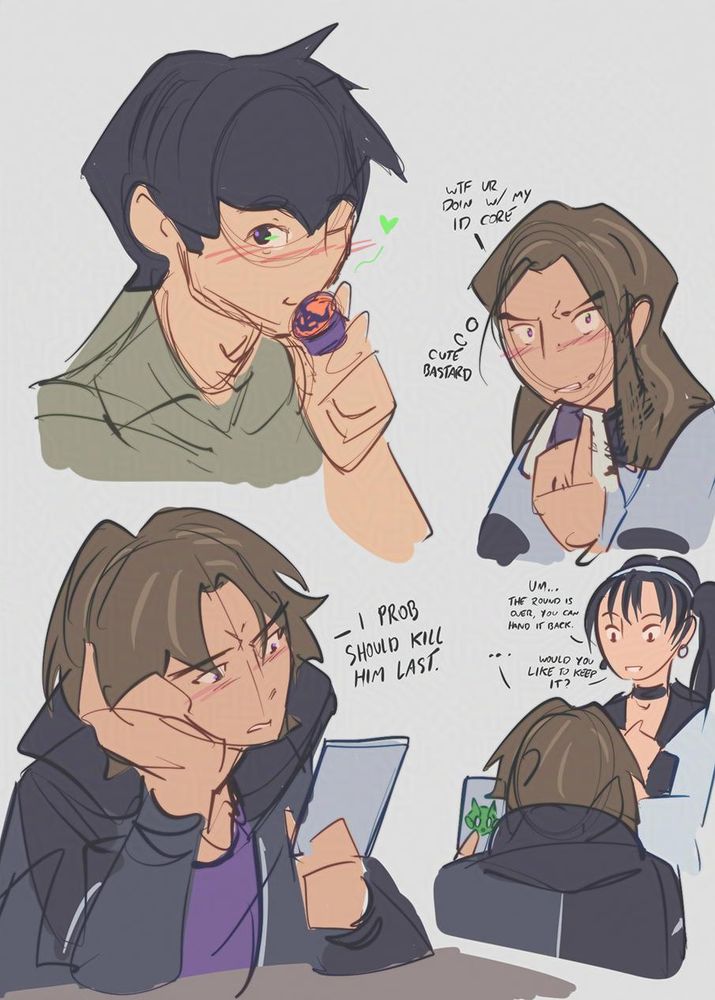 A collection of colored sketches featuring Kamen Rider Geats characters, being Keiwa and Michinaga the most prominent ones.

At top left, a sketch of Keiwa with a small blush, winking while kissing Buffa's ID Core. Top right one gives sequel to it, in which Michinaga stops eating his onigiri to ask "wtf ur doin w/ my ID core?" while simply thinks "cute bastard."

At bottom left, A Michinaga set on episode 6 looks at a card while talking to himself "I prob should kill him last." Bottom right follows the latter, in which Tsumuri observes Michinaga looking at his Tycoon's card. "Um... the round is over, you can hand it back." No answer from the Rider, so Tsumuri adds, "would you like to keep it?"

feeds: art tab, fanart, doodles, sketch, kamen rider geats