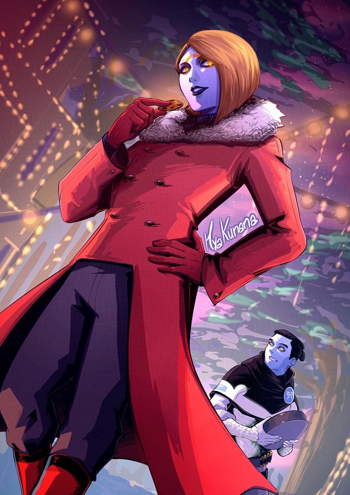 A fan art of Destiny 2 featuring Zdots' Warlock OC Calliope and Crow. Calliope is in the foreground with a casual winter wardrobe, holding a cookie close to mouth, while being watched by a smiling Crow, holding his dawning gift box. In background, the Last City streets are decorated with festive light decorations.

Feeds: art tab, Destiny 2, Destiny the game, Destiny2Art, D2 Secret Santa
