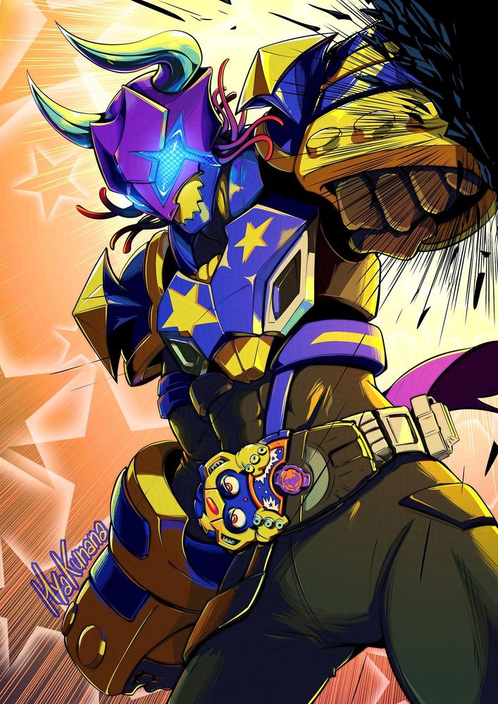 A fan art of Kamen Rider Buffa, from Kamen Rider Geats. Buffa is equipped with the Monster buckle in his first slot, and the wall besides him breaks into pebbles by his side punch. Although his menacing helmet look, the art is colorful warm, with saturated blue, yellow and orange as predominant colors, while the black shading and suit gives a strong contrast in it.

Feeds: art tab, fanart, kamen rider geats, tokusatsu