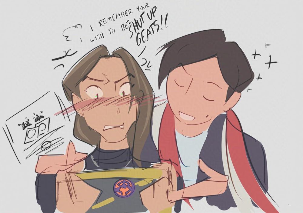A colored sketch of Ace Ukiyo and Michinaga Azuma, from Kamen Rider Geats, in which Ace uses his creation powers to gift Michinaga with a secret quest box, leaving the latter very flusteredly irritated. "I remember your wish to be—" "SHUT UP, GEATS!!"