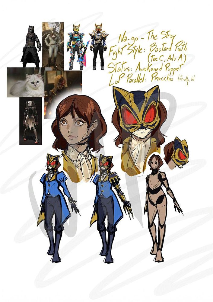 Concept character wips, with sketches references and notes for a crossover AU between Kamen Rider Geats and Lies of P.

Na-Go - The Stray. Fight Style: Bastard Path (Technique Level C, Advance Level A). Status: Awakened Puppet. LoP Parallel: Pinocchio (literally, lol)