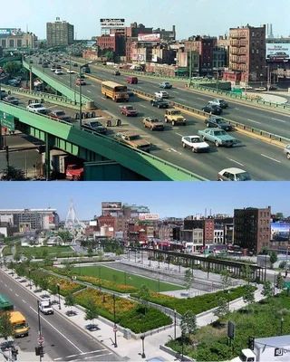 Top: The Boston central artery prior to the Big Dig, a series of grey and green elevated highways cutting through Boston, separating the North End from the rest of downtown.
Bottom: The Rose Kennedy Greenway built in place of the central artery after it was buried underground. A long green park with winding pathways, flowers, fountains and art installations.