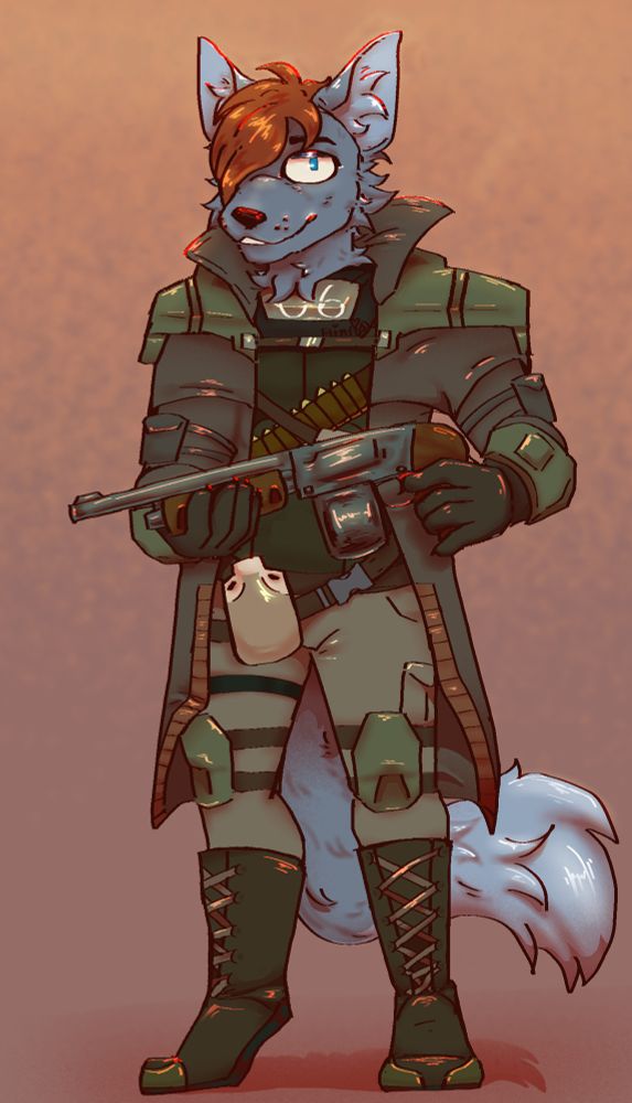 Grayish blue fursona in fallout: new vegas elite riot gear armor holding a riot shotgun with reddish orange lighting 