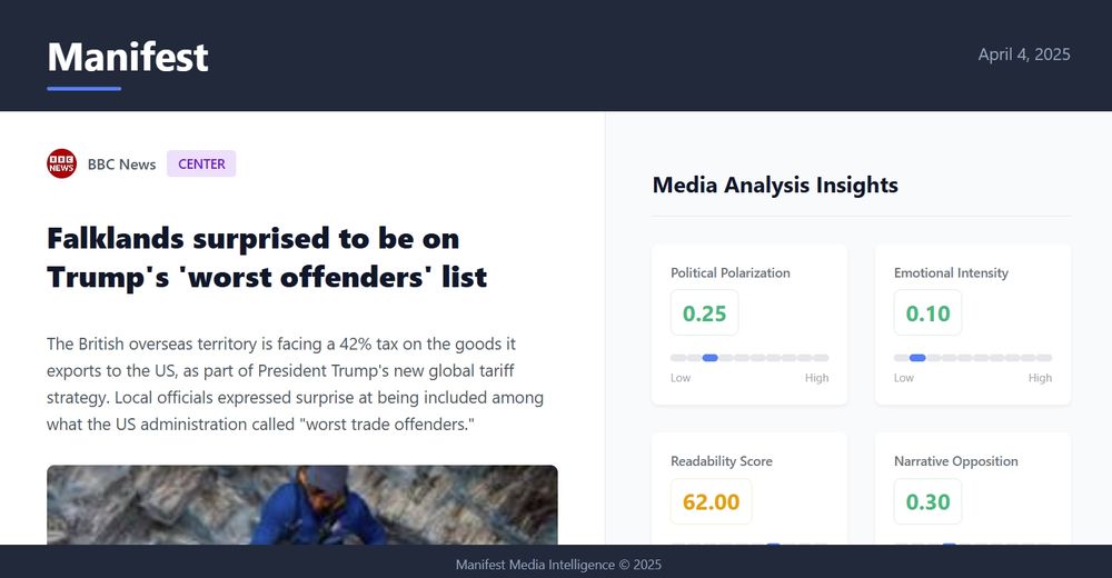 An example of the Manifest newsletter, showing a news story and an article from the BBC with a breakdown of its polarization, emotional intensity, reading, and sentiment scores. 