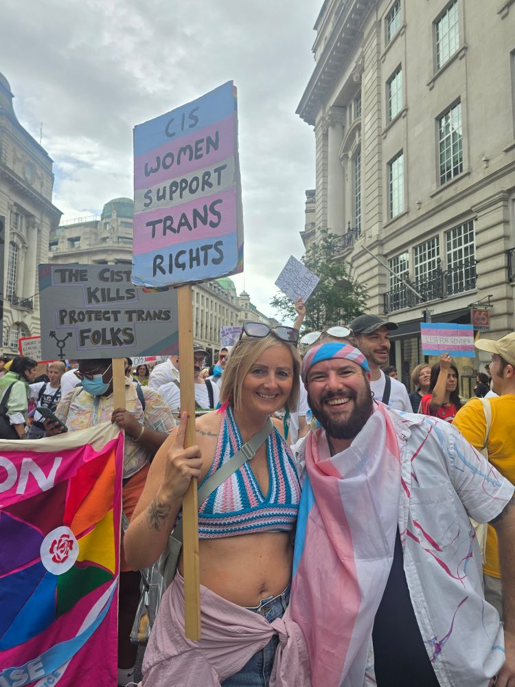 Picture of a person holding a sign that says 'cis women support trans rights'