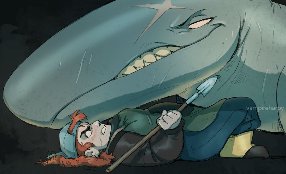 a human woman is pinned to the ground by the large snarling head of a werewhale. The human looks flustered as she holds a harpoon to the beast's throat.