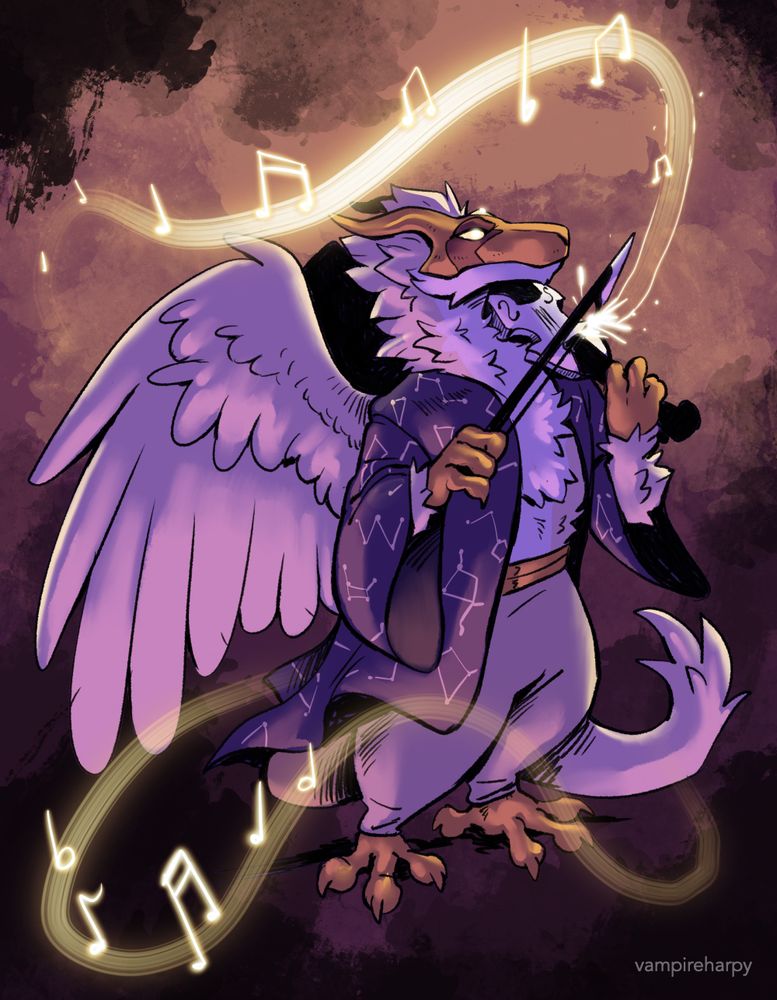 a drawing of an angellic anthro character playing a magic violin