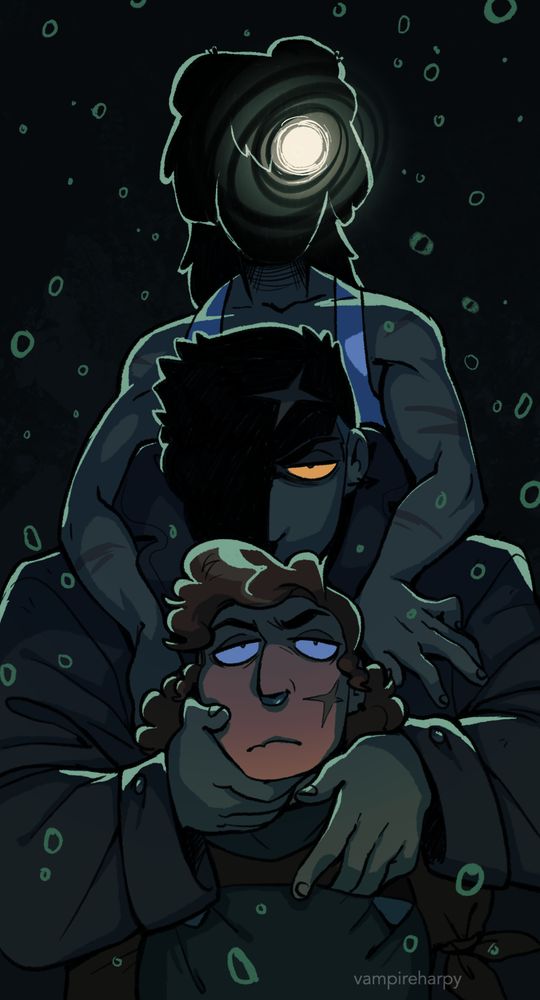 a drawing of three women--one in front, her face being grasped by the one behind her, who has half of her face in shadow. The last one has her arms around the middle one, her face completely in shadow with a glowing white eye.