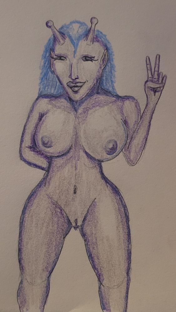 Cartoon of a blueish nude alien woman