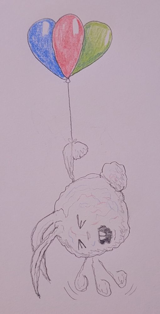 Dust bunny carried away by balloons