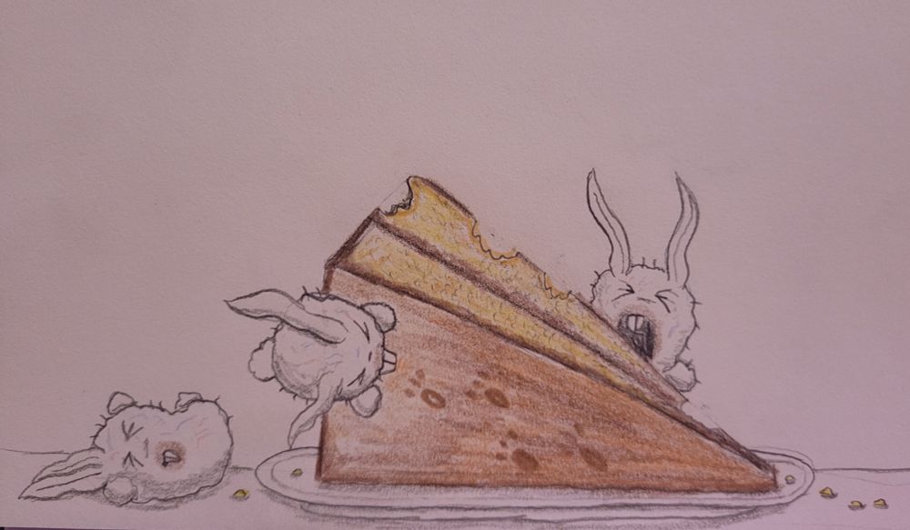 Three dust bunnies go absolutely ham on a slice of cake