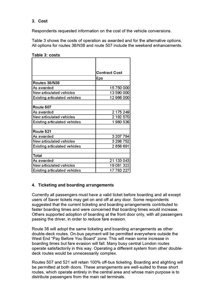 A table, labelled Table 3: costs, shows the Contract Cost (£pa) for three options—"As awarded," "New articulated vehicles," and "Existing articulated vehicles"—across three bus routes (38/N38, 507, and 521) and a combined total, revealing that the "As awarded" contracts total £21,133,043, while converting to "Existing articulated vehicles" is the cheapest overall option at £17,783,227.