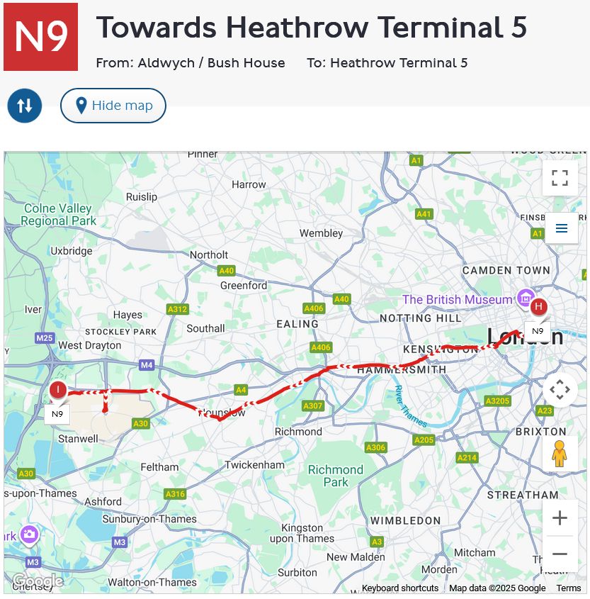 Map showing the route of the N9 bus in London, traveling west from central London (near The British Museum) through Hammersmith, Hounslow, and Stanwell to Heathrow Terminal 5.
