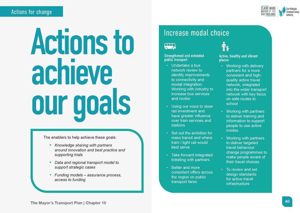 A page titled "Actions to achieve our goals" details steps under the heading Increase modal choice, split into sections for Strengthened and extended public transport (including a bus network review and ticketing advancements) and Active, healthy and vibrant places (focused on high-quality active travel networks and supporting travel behaviour change). The page also lists The enablers such as knowledge sharing and data support.