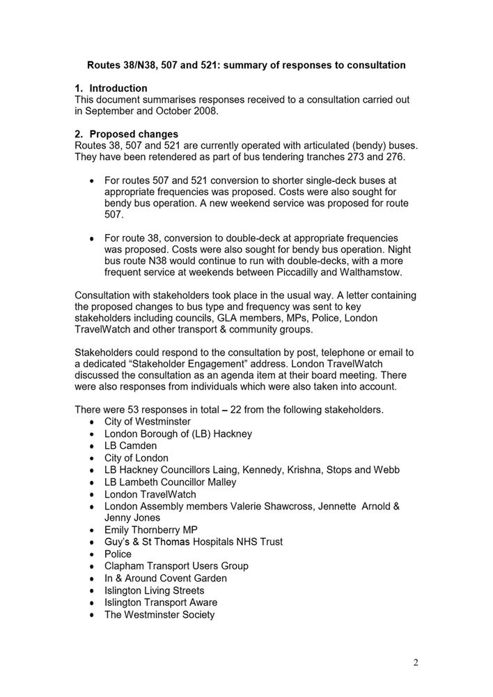 A document titled "Routes 38/N38, 507 and 521: summary of responses to consultation." The text introduces the document, outlines proposed changes (converting articulated 'bendy' buses to shorter double-deck and single-deck buses on routes 507, 521, and 38/N38), and lists 22 of the 53 stakeholders who responded to the consultation carried out in September and October 2008.