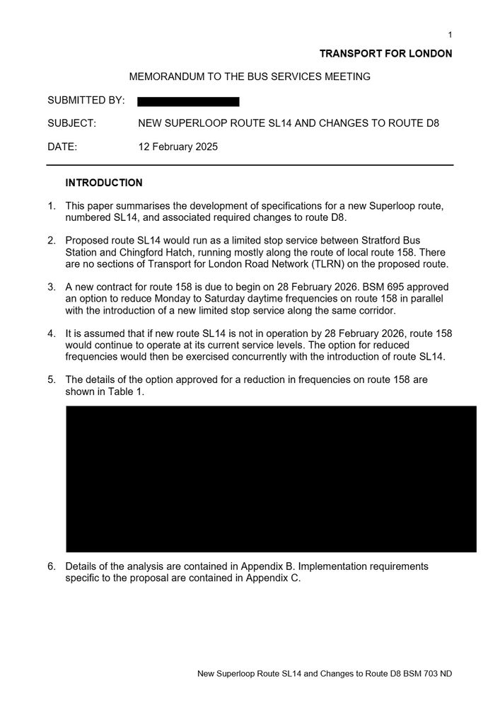 Transport for London Memorandum to the Bus Services Meeting, dated 12 February 2025. The subject is New Superloop Route SL14 and Changes to Route D8. The introduction summarises specifications for the new Superloop route SL14 and required changes to route D8. Route SL14 is proposed as a limited stop service between Stratford Bus Station and Chingford Hatch, running mostly along the route of local route 158. A new contract for route 158 begins on 28 February 2026, and BSM 695 approved an option to reduce Monday to Saturday daytime frequencies on route 158 in parallel with the introduction of SL14. If the new SL14 is not operational by 28 February 2026, route 158 will continue at its current service levels. A large section of the document, below point 5, is redacted with a thick black bar.