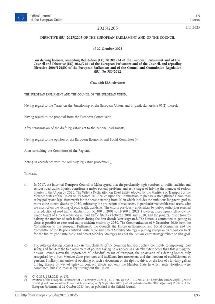 A page from the Official Journal of the European Union showing the text of Directive (EU) 2025/2205 of the European Parliament and of the Council, dated 22 October 2025, concerning driving licences. The text includes several 'Whereas' clauses regarding road safety and the free movement of persons.